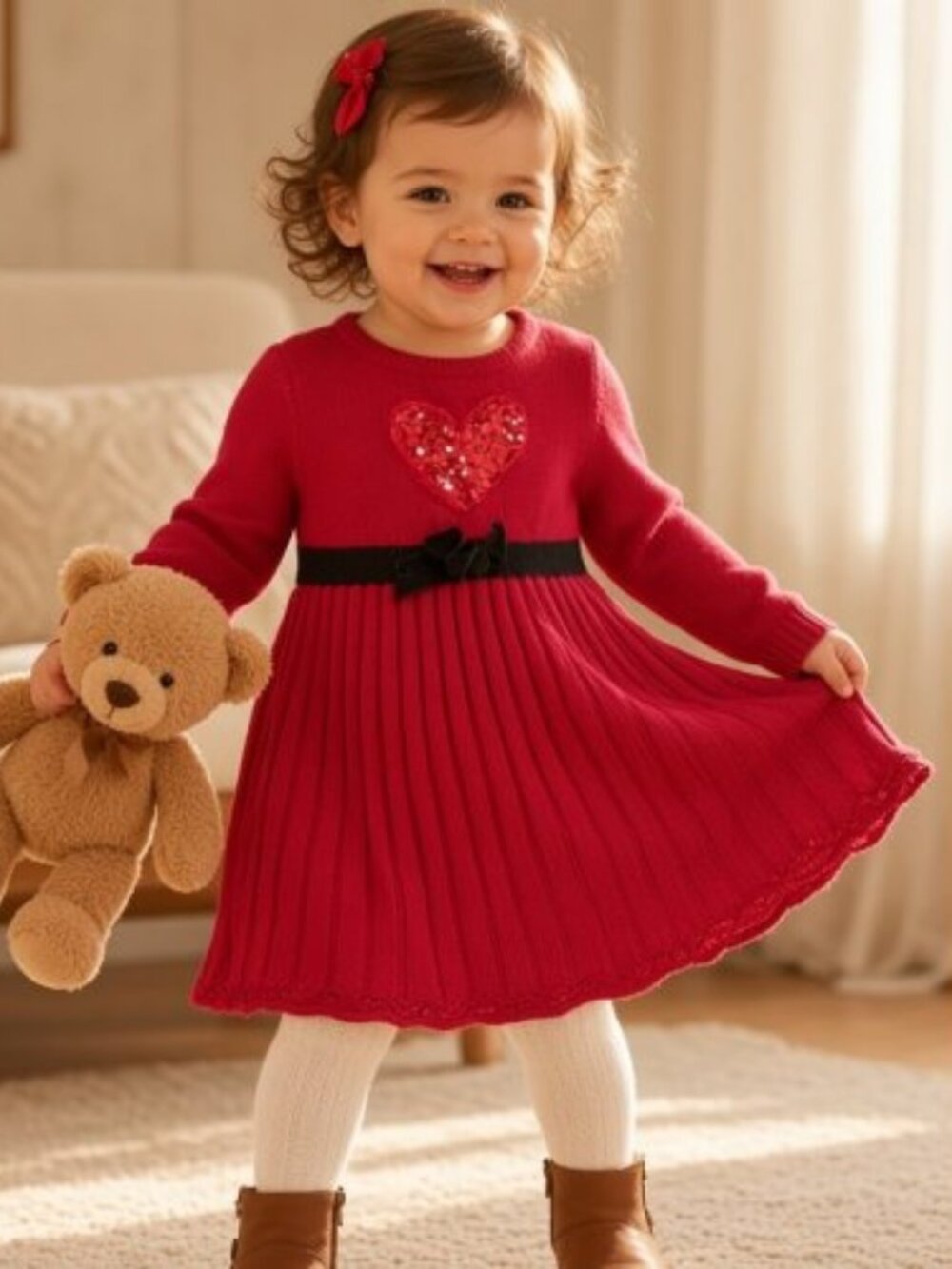 SOPHIE ROSE Red Pleated Sequined Heart Knit Dress Tights Girls Size 24 months